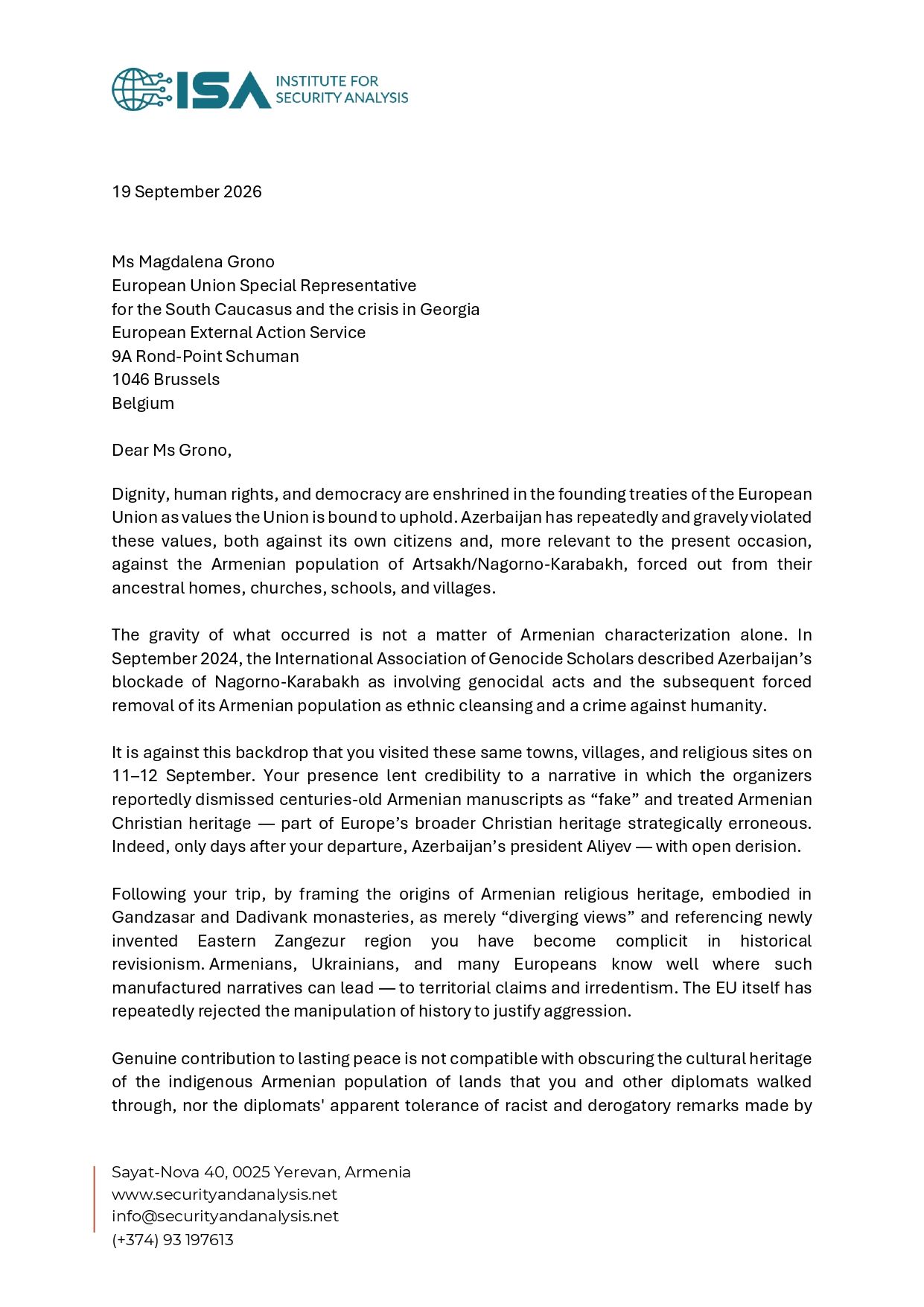 Open letter from the Institute for Security Analysis to EU Special Representative Magdalena Grono